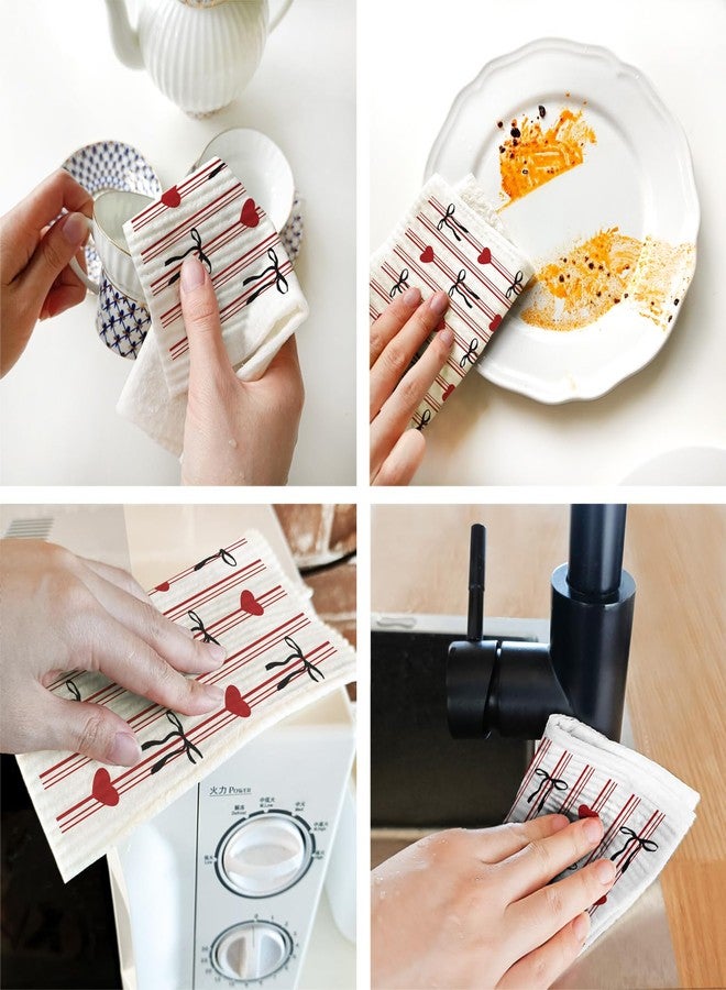 Morigins Cute Cat Series Swedish-Style Dishcloths, Reusable Butterfly-Knot Valentine's Day Absorbent Towels for Kitchen, Bathroom, and Countertop Cleaning, Cellulose Sponge Cloth 6-Piece Set 7x8 - Image 5